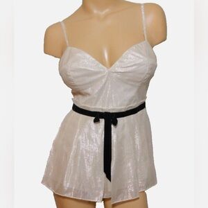 VS Pixie Hopkins ~ Silver Silk Metallic Blend Bustier Belted Flounce Top. Bow.